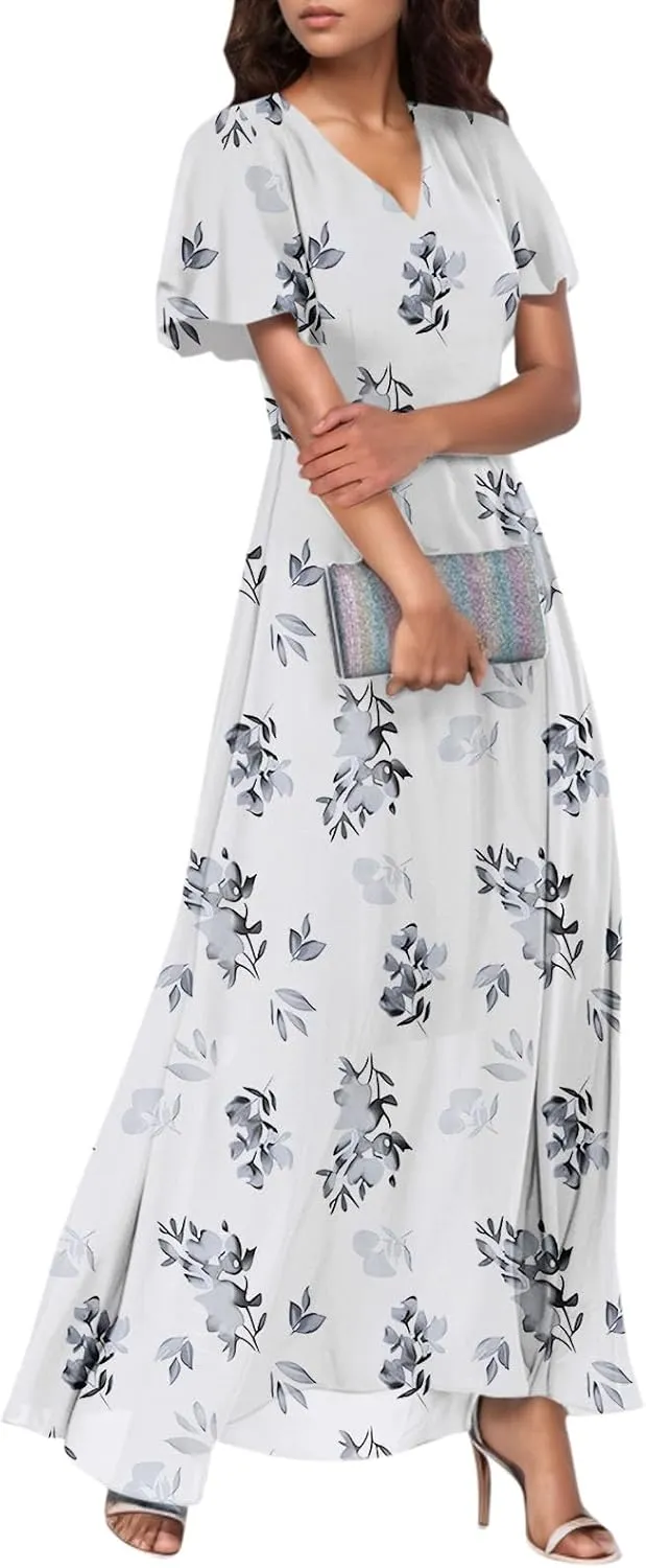 Women's Floral Print Chiffon Dress - Blue, Size S, Midi Length, Spring/Summer