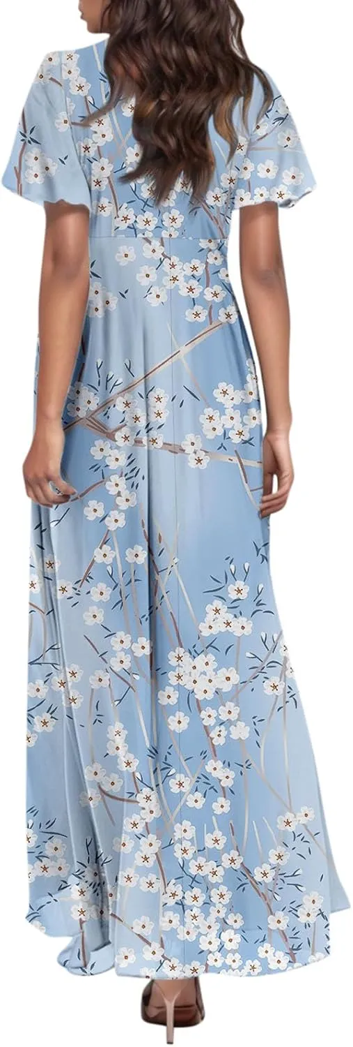 Women's Floral Print Chiffon Dress - Blue, Size S, Midi Length, Spring/Summer