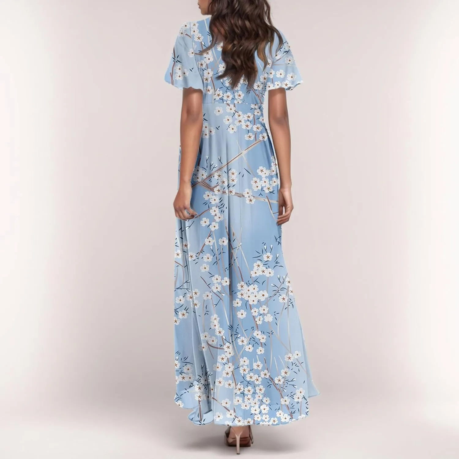 Women's Floral Print Chiffon Dress - Blue, Size S, Midi Length, Spring/Summer