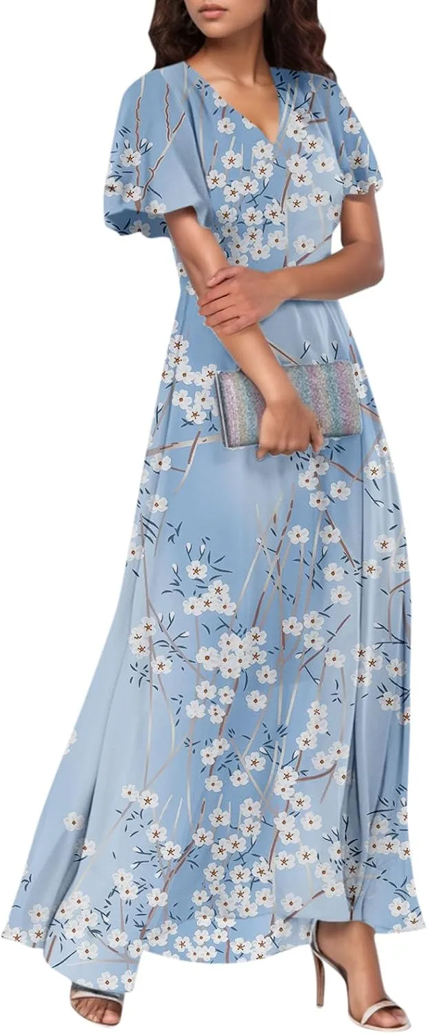 Women's Floral Print Chiffon Dress - Blue, Size S, Midi Length, Spring/Summer