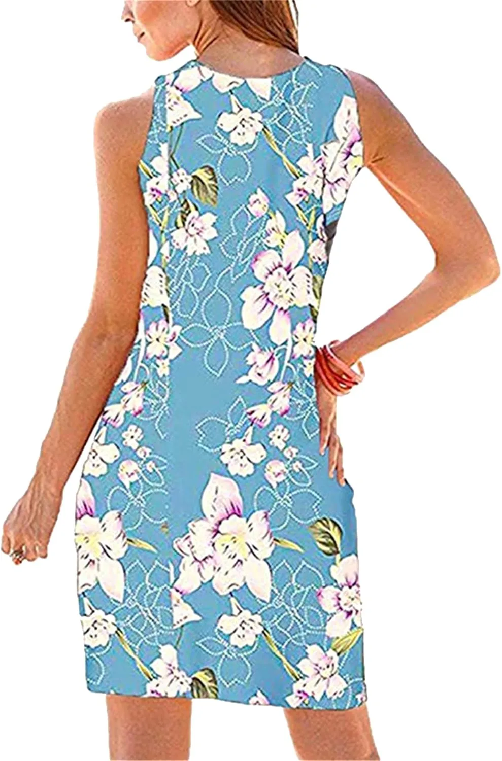 Women's Floral Print Swing Tank Dress Crew Neck Cinched Waist Sundress Lightweight Dressy Midi Dresses