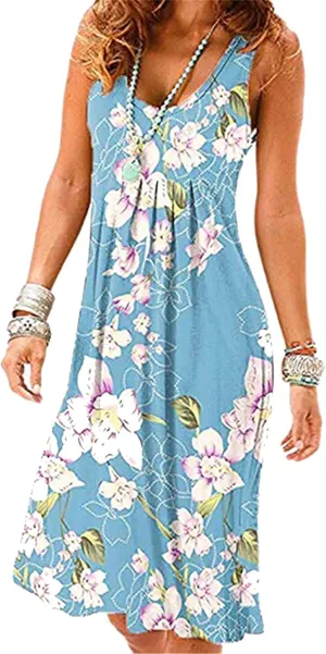 Women's Floral Print Swing Tank Dress Crew Neck Cinched Waist Sundress Lightweight Dressy Midi Dresses