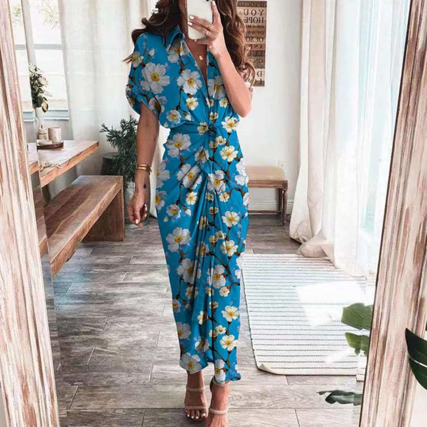 Women's Flowy Midi Dresses Ruffled Boho Dress Casual Beach Sundress Lapel Button Waist Lace-up Business Long Skirts