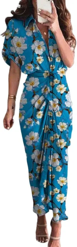 Women's Flowy Midi Dresses Ruffled Boho Dress Casual Beach Sundress Lapel Button Waist Lace-up Business Long Skirts