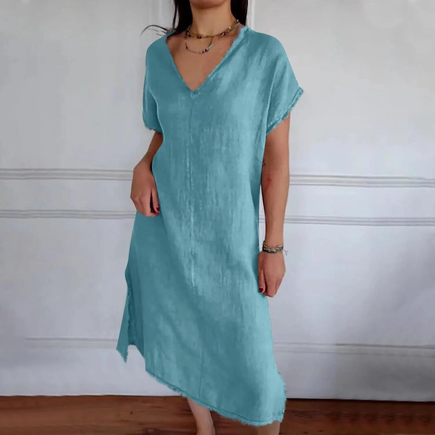 Women's Flowy Summer Dress 2025 Trendy Short Sleeve V Neck Swing Dresses Fashion Smooth Side Split Dresses