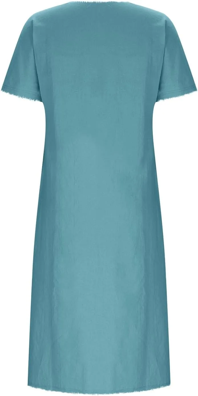 Women's Flowy Summer Dress 2025 Trendy Short Sleeve V Neck Swing Dresses Fashion Smooth Side Split Dresses