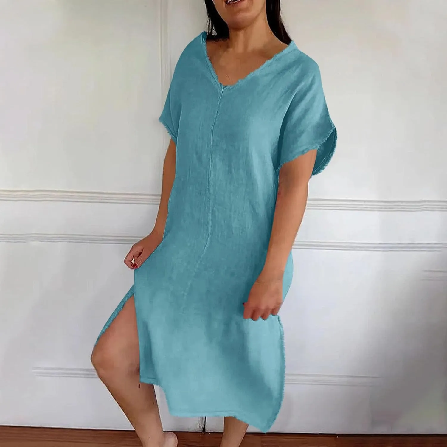 Women's Flowy Summer Dress 2025 Trendy Short Sleeve V Neck Swing Dresses Fashion Smooth Side Split Dresses