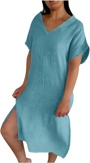 Women's Flowy Summer Dress 2025 Trendy Short Sleeve V Neck Swing Dresses Fashion Smooth Side Split Dresses