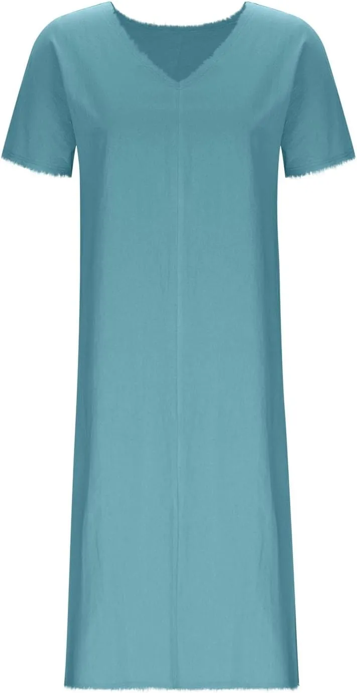 Women's Flowy Summer Dress 2025 Trendy Short Sleeve V Neck Swing Dresses Fashion Smooth Side Split Dresses