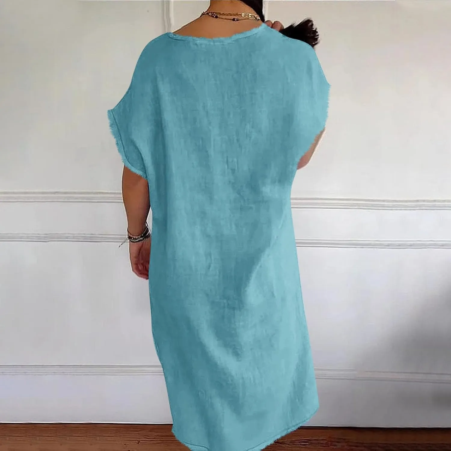 Women's Flowy Summer Dress 2025 Trendy Short Sleeve V Neck Swing Dresses Fashion Smooth Side Split Dresses