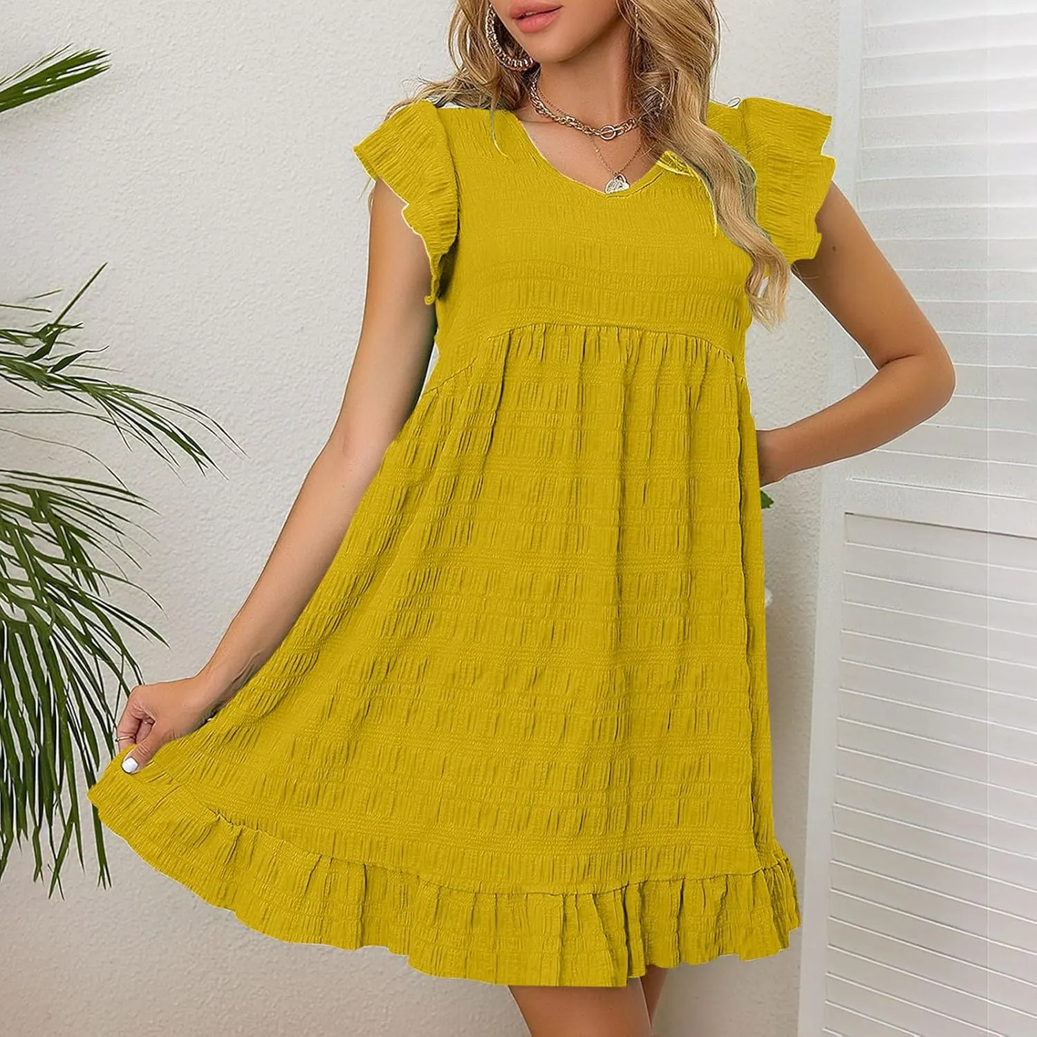 Women's Flutter Sleeve Mini Dress Casual V Neck Solid Smock Dress Flowy Loose Ruffle Hem Beach Sundresses