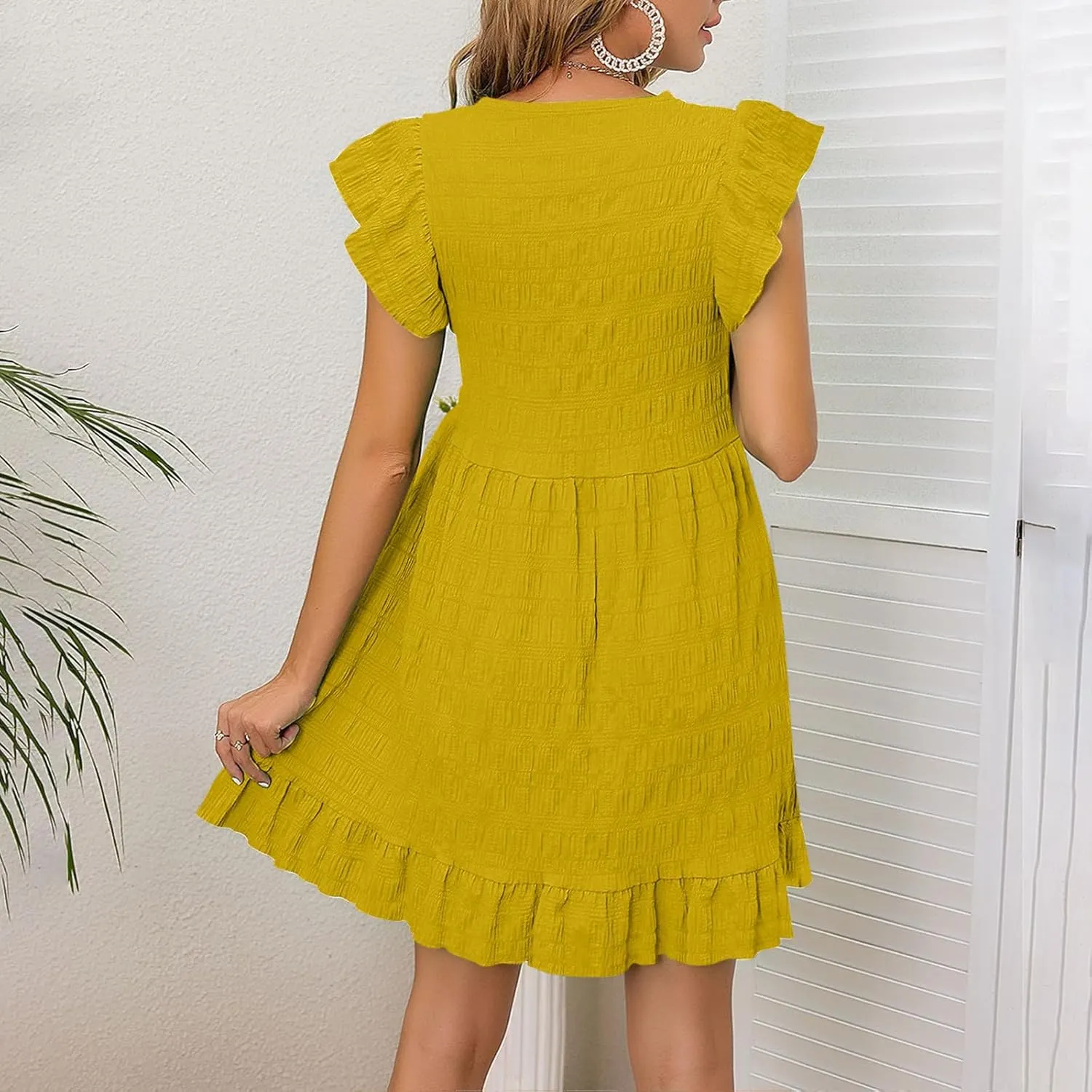 Women's Flutter Sleeve Mini Dress Casual V Neck Solid Smock Dress Flowy Loose Ruffle Hem Beach Sundresses