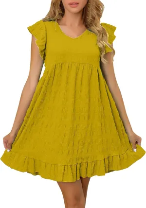 Women's Flutter Sleeve Mini Dress Casual V Neck Solid Smock Dress Flowy Loose Ruffle Hem Beach Sundresses