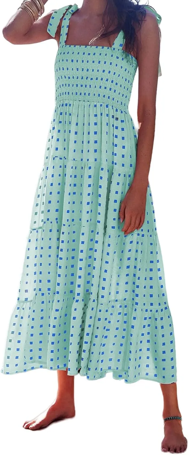 Women's Halter Midi Dress Summer Printed Beach Sundress Flowy Boho Dresses Sleeveless Vacation Floral Maxi Skirts