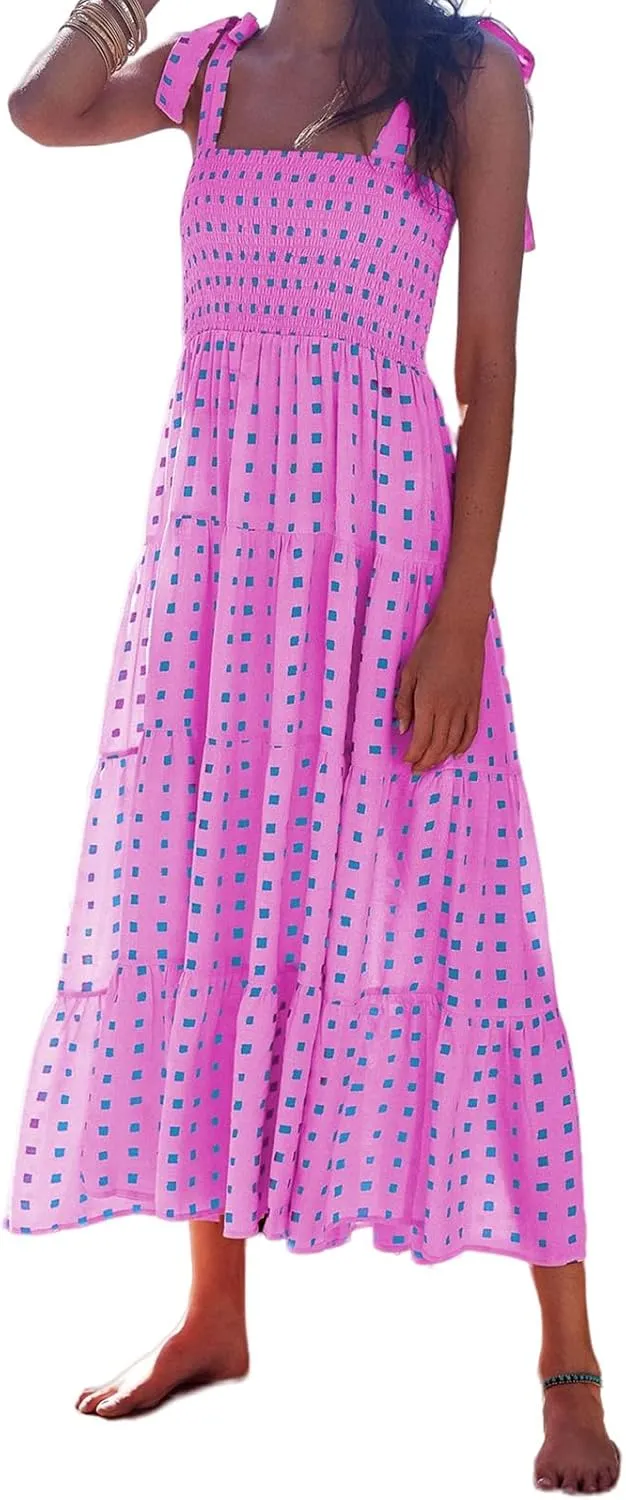 Women's Halter Midi Dress Summer Printed Beach Sundress Flowy Boho Dresses Sleeveless Vacation Floral Maxi Skirts