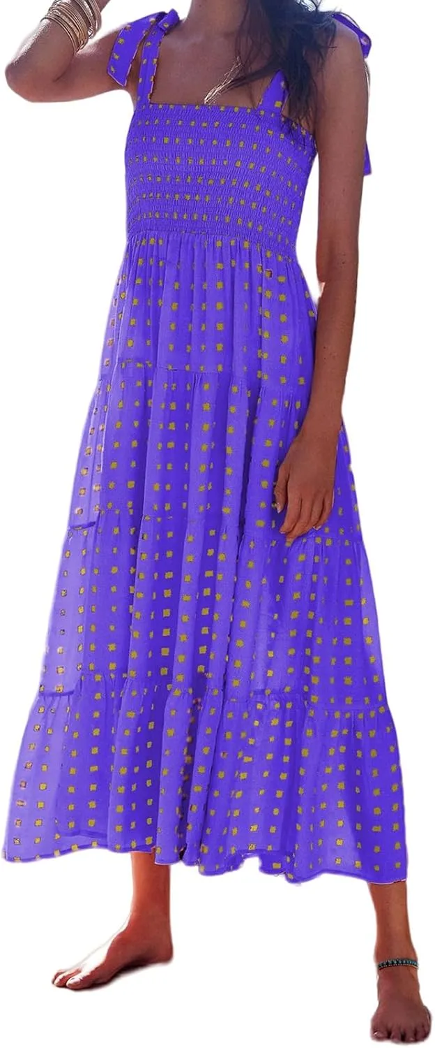 Women's Halter Midi Dress Summer Printed Beach Sundress Flowy Boho Dresses Sleeveless Vacation Floral Maxi Skirts