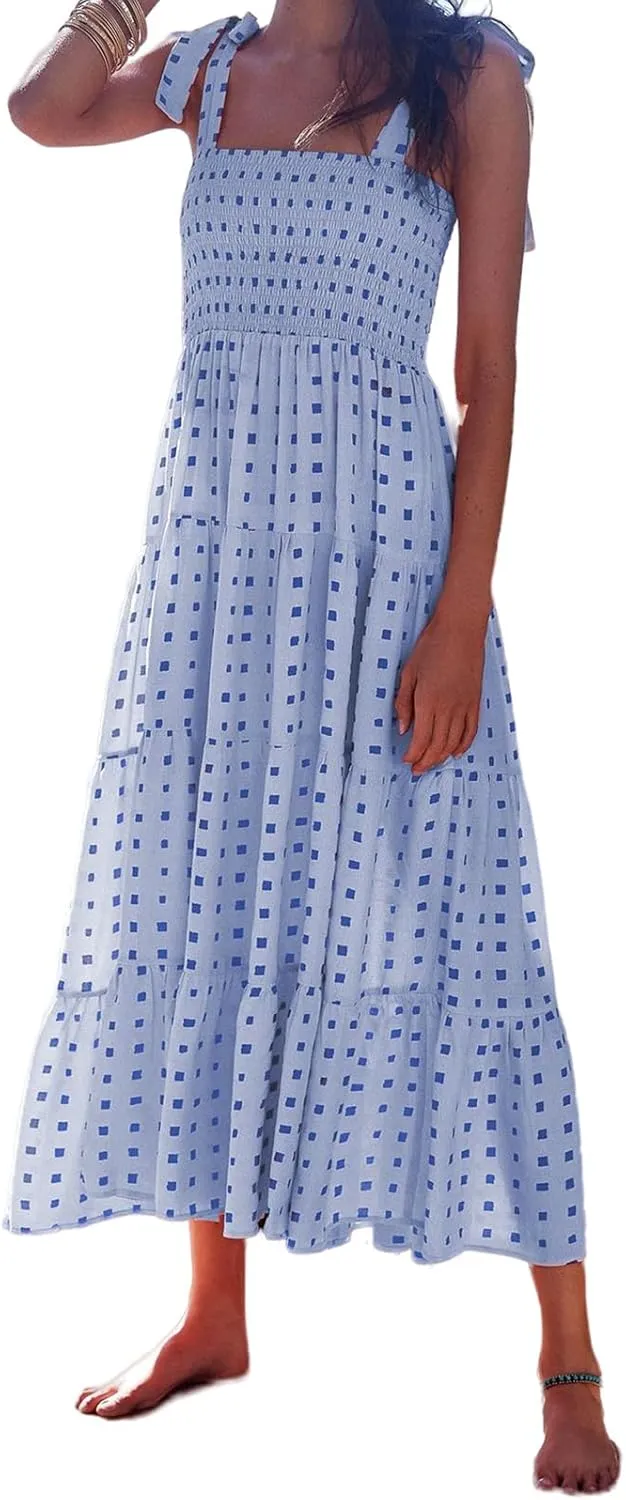 Women's Halter Midi Dress Summer Printed Beach Sundress Flowy Boho Dresses Sleeveless Vacation Floral Maxi Skirts