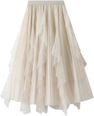 Women's Irregular Beaded Tulle Skirt Elastic High Waist Mesh Pleated Multi-Layer Midi Skirts
