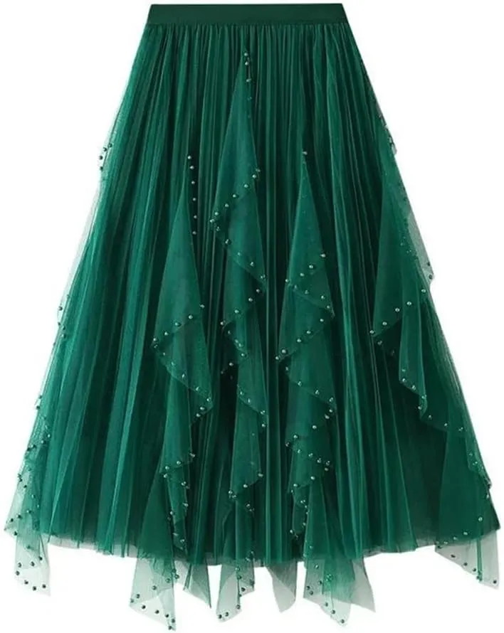 Women's Irregular Beaded Tulle Skirt Elastic High Waist Mesh Pleated Multi-Layer Midi Skirts
