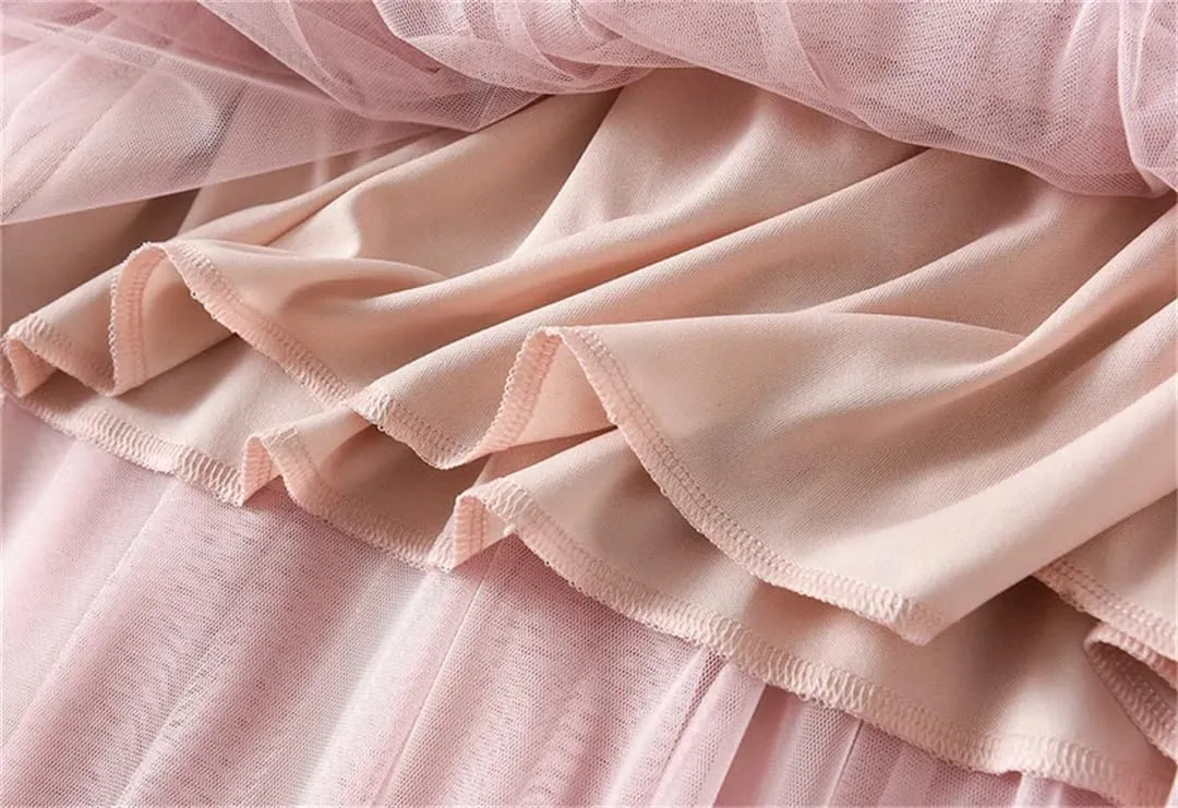 Women's Irregular Beaded Tulle Skirt Elastic High Waist Mesh Pleated Multi-Layer Midi Skirts