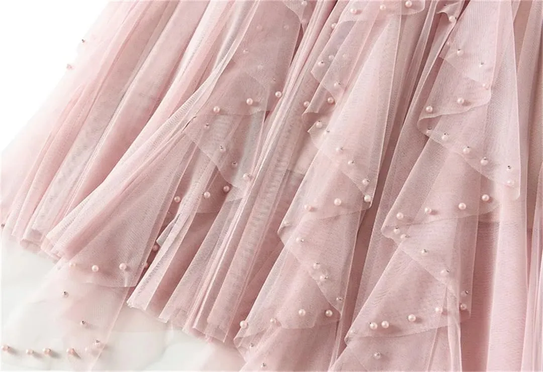 Women's Irregular Beaded Tulle Skirt Elastic High Waist Mesh Pleated Multi-Layer Midi Skirts