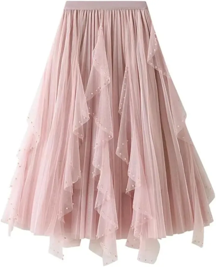 Women's Irregular Beaded Tulle Skirt Elastic High Waist Mesh Pleated Multi-Layer Midi Skirts