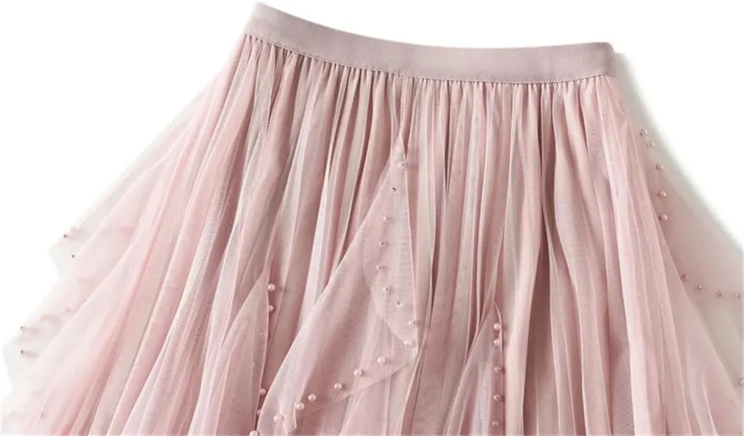 Women's Irregular Beaded Tulle Skirt Elastic High Waist Mesh Pleated Multi-Layer Midi Skirts