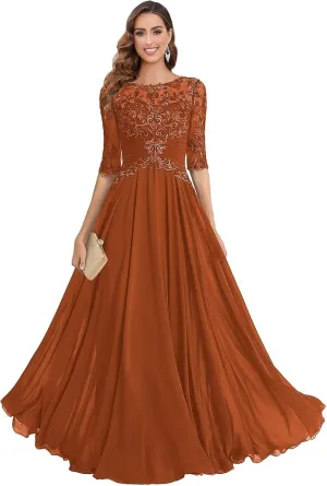 Women's Lace Applique Mother of The Bride Dresses Scoop Neck A-Line Chiffon Formal Dresses for Wedding