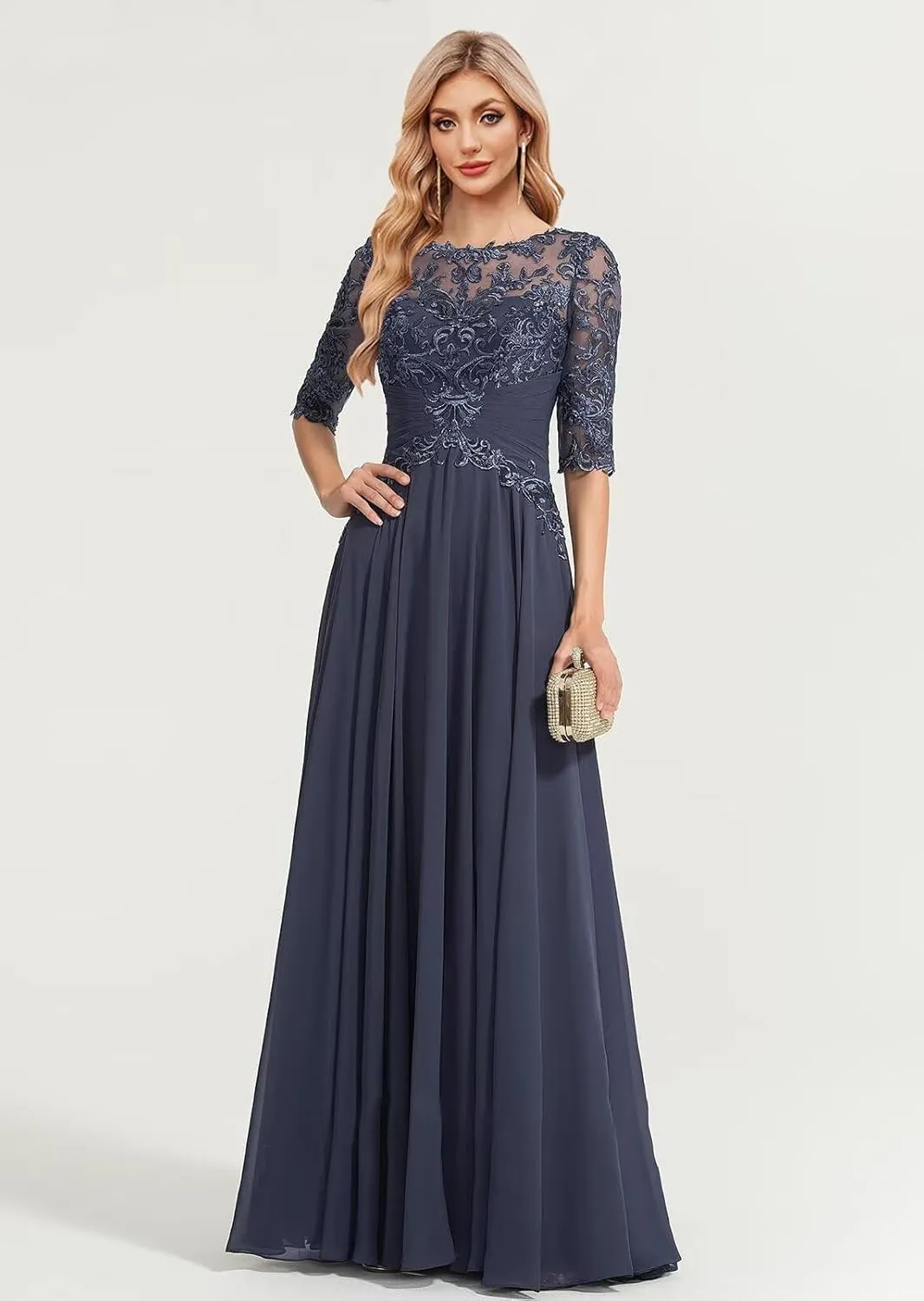 Women's Lace Applique Mother of The Bride Dresses Scoop Neck A-Line Chiffon Formal Dresses for Wedding