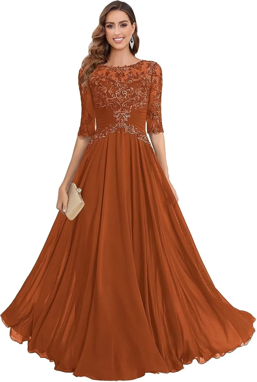 Women's Lace Applique Mother of The Bride Dresses Scoop Neck A-Line Chiffon Formal Dresses for Wedding