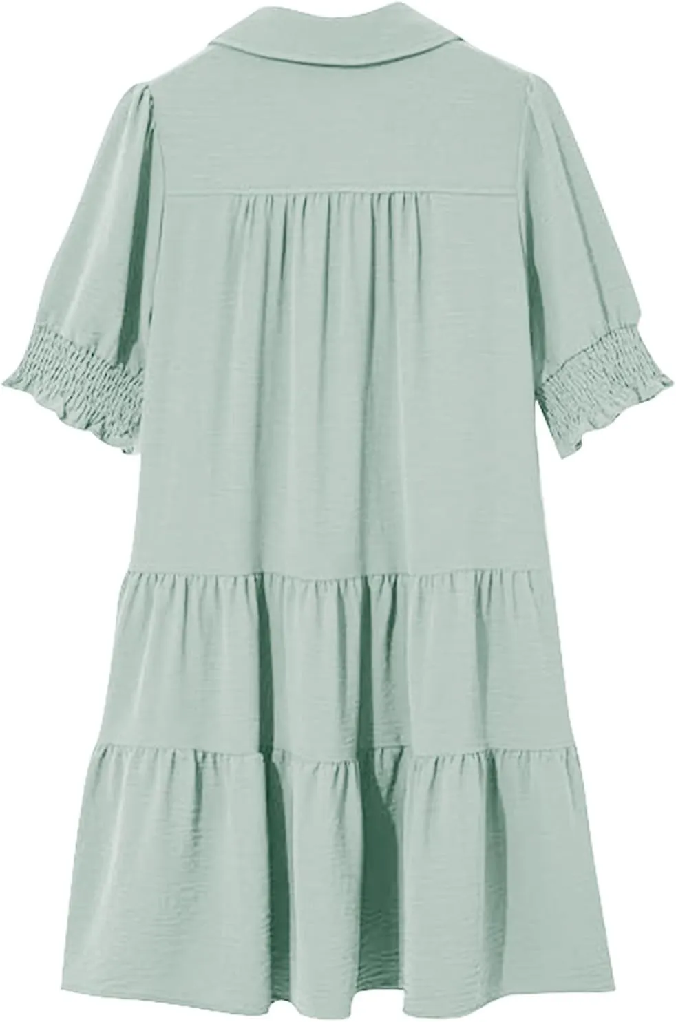 Womens Lapel V Neck Cute Shift Tierd Dress with Pockets Bell Sleeve Ruffle Hem Loose Swing Summer Tunic Mini Dress