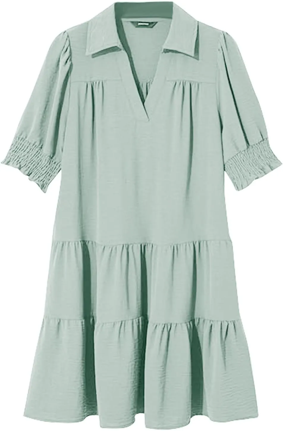 Womens Lapel V Neck Cute Shift Tierd Dress with Pockets Bell Sleeve Ruffle Hem Loose Swing Summer Tunic Mini Dress
