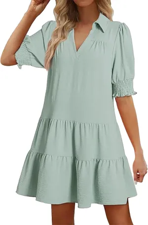 Womens Lapel V Neck Cute Shift Tierd Dress with Pockets Bell Sleeve Ruffle Hem Loose Swing Summer Tunic Mini Dress