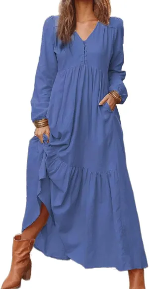 Women's Linen Maxi Dress Long Sleeve with Pockets Boho Beach Pleated Long Dress Casual V-Neck Tiered Ruffle Dresses