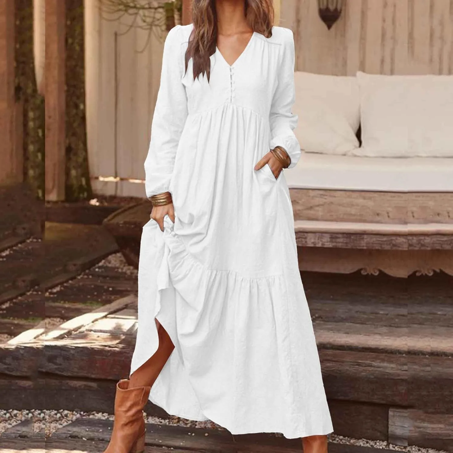 Women's Linen Maxi Dress Long Sleeve with Pockets Casual V Neck Tiered Ruffle Boho Beach Line Cocktail Party Dresses