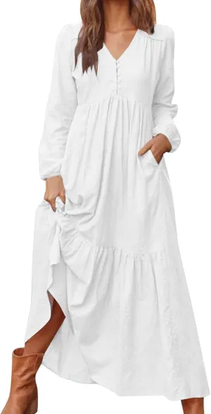 Women's Linen Maxi Dress Long Sleeve with Pockets Casual V Neck Tiered Ruffle Boho Beach Line Cocktail Party Dresses