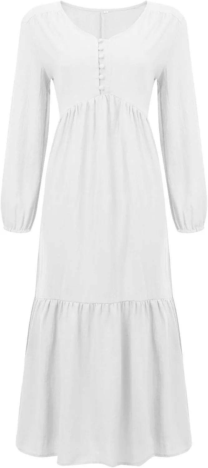 Women's Linen Maxi Dress Long Sleeve with Pockets Casual V Neck Tiered Ruffle Boho Beach Line Cocktail Party Dresses