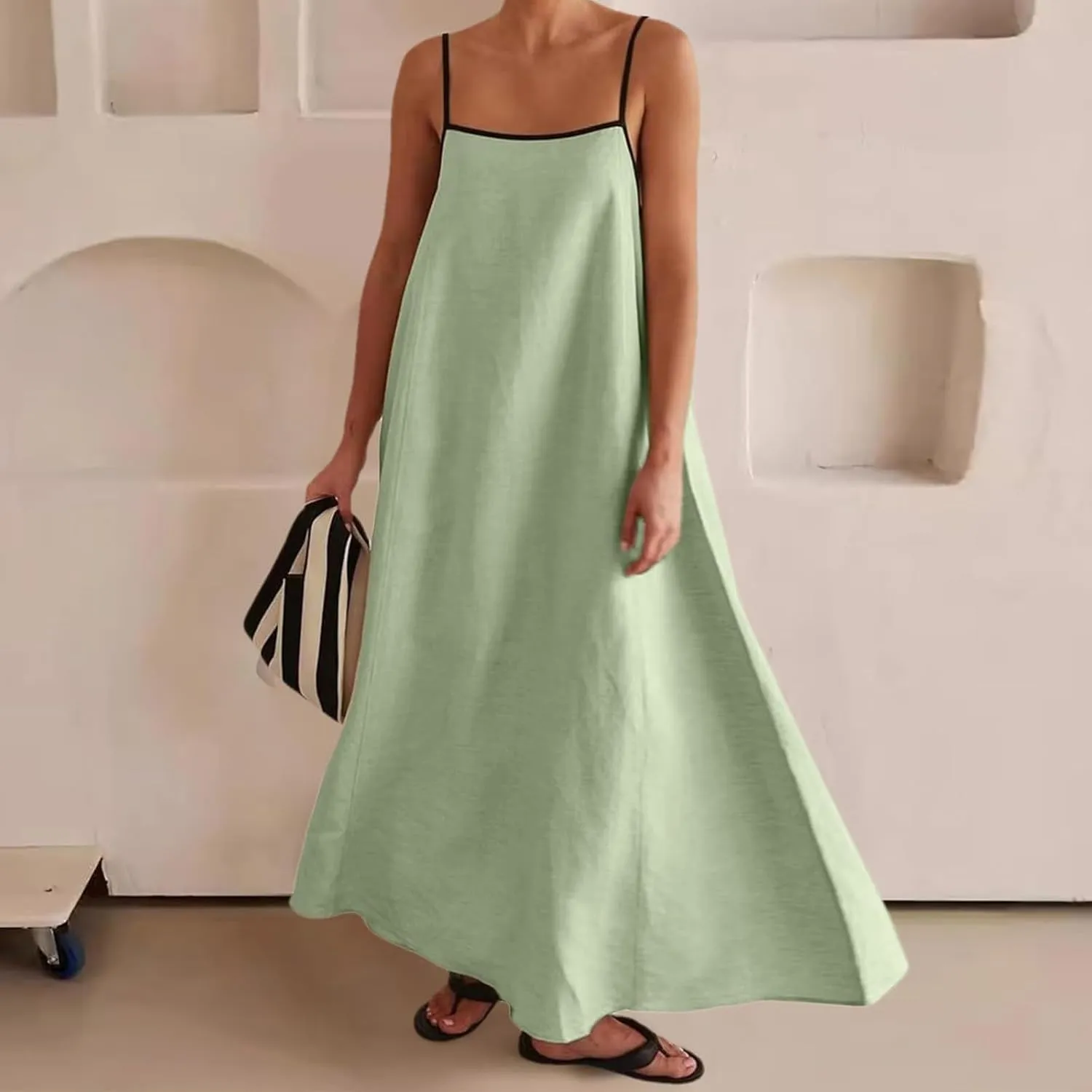 Womens Linen Maxi Dress Spaghetti Straps Backless Sleeveless Sundress Summer Flowy Dresses Beach Vacation Dress