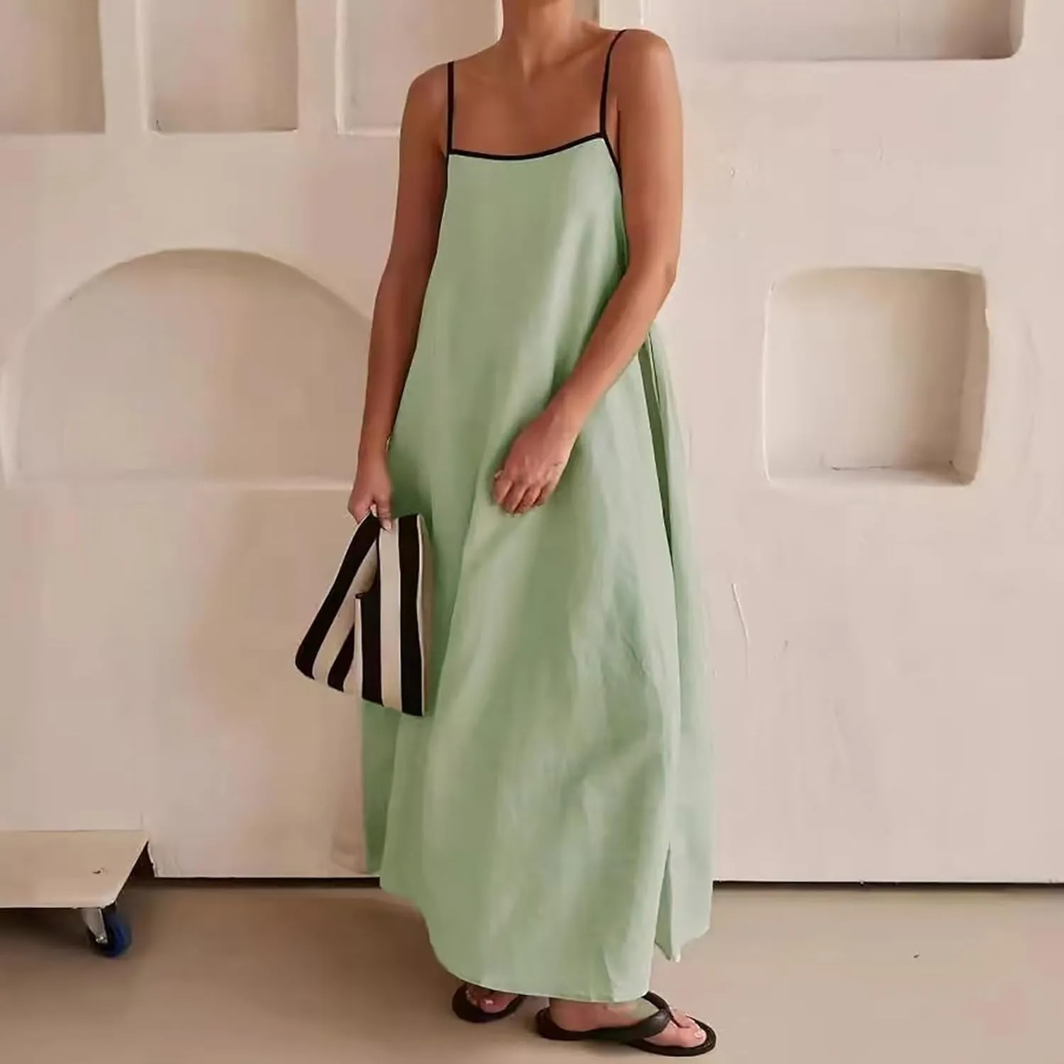 Womens Linen Maxi Dress Spaghetti Straps Backless Sleeveless Sundress Summer Flowy Dresses Beach Vacation Dress