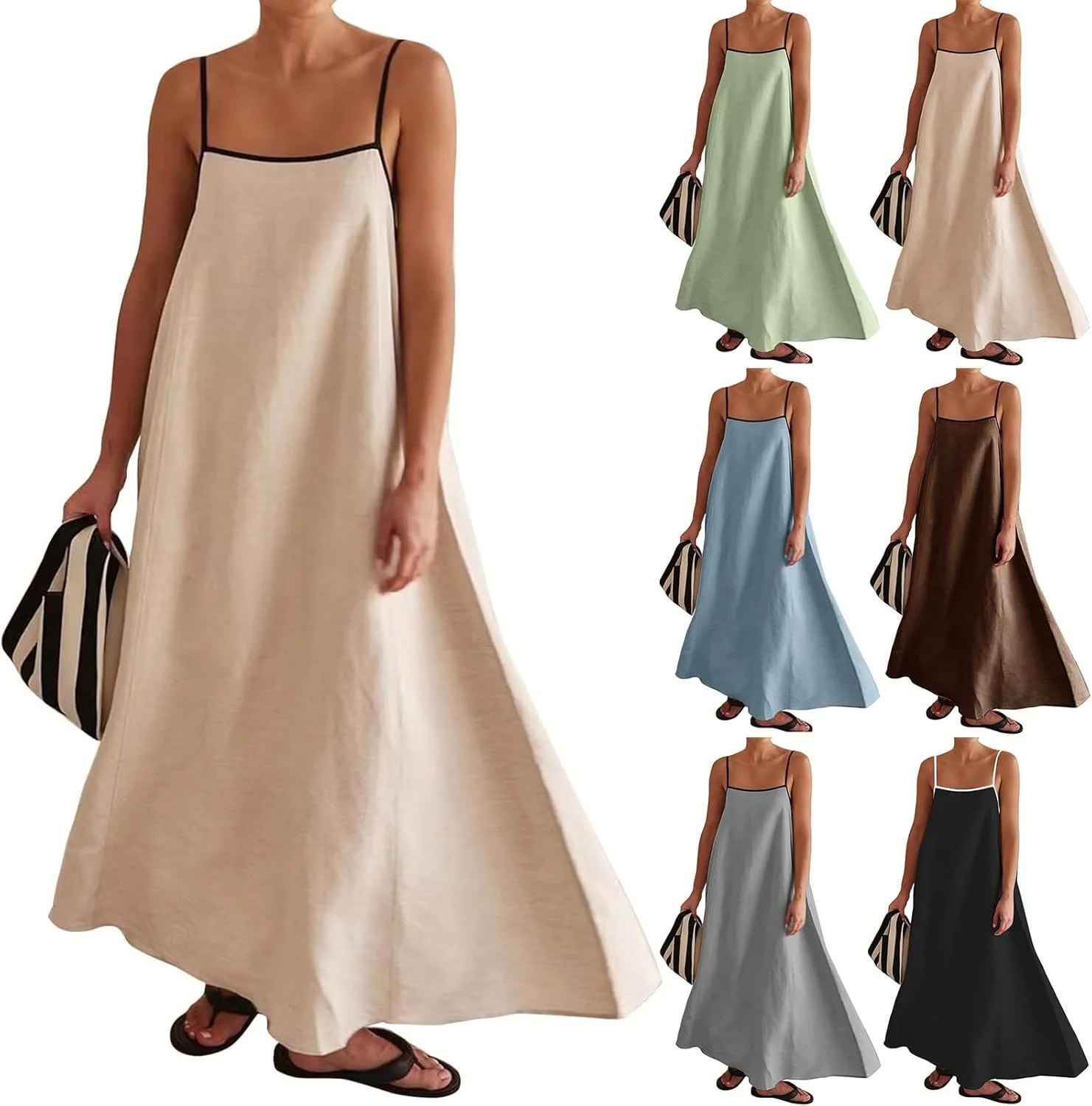 Womens Linen Maxi Dress Spaghetti Straps Backless Sleeveless Sundress Summer Flowy Dresses Beach Vacation Dress