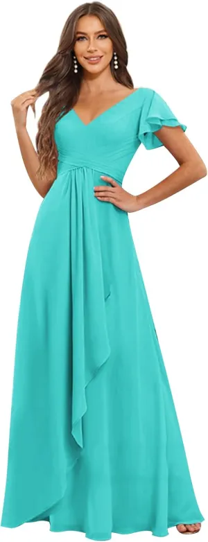 Women's Long Chiffon Bridesmaid Dress with Pockets A-line Pleated Short Sleeve Evening Formal Dress