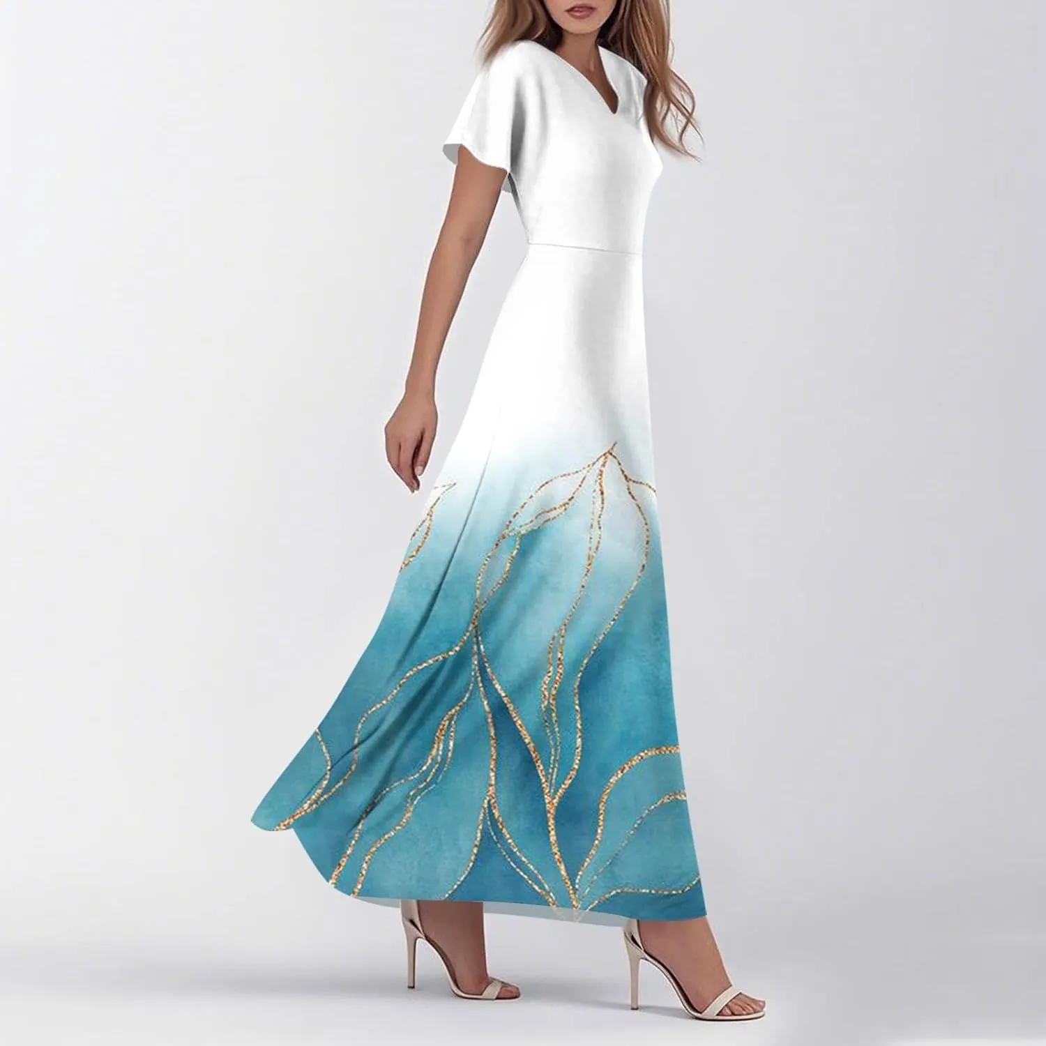 Womens Long Dresses Formal Flowy Short Sleeve High Waisted A Line Summer Dress for Women Beach Trendy V Neck