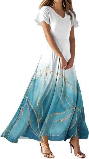 Womens Long Dresses Formal Flowy Short Sleeve High Waisted A Line Summer Dress for Women Beach Trendy V Neck