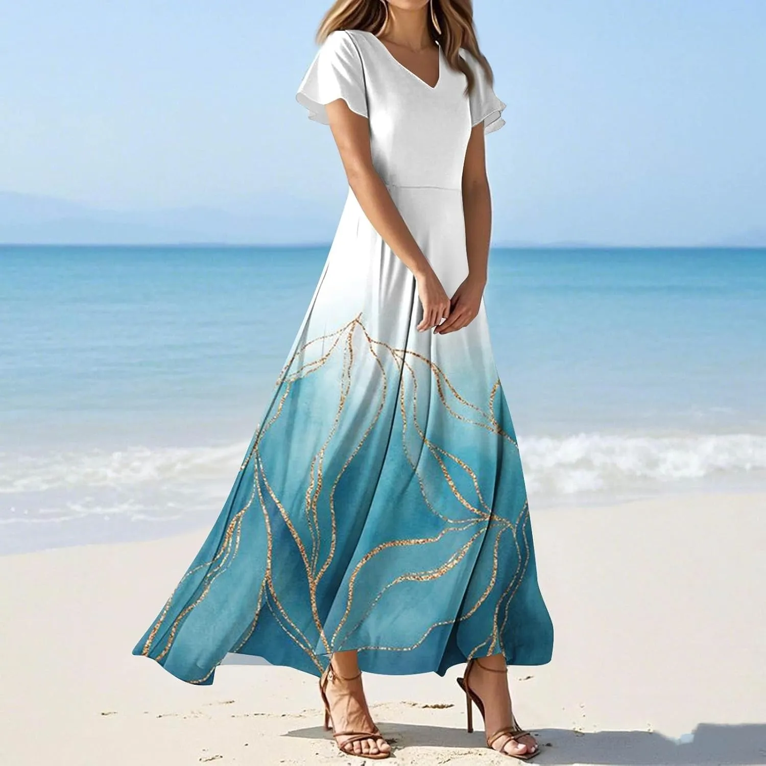 Womens Long Dresses Formal Flowy Short Sleeve High Waisted A Line Summer Dress for Women Beach Trendy V Neck