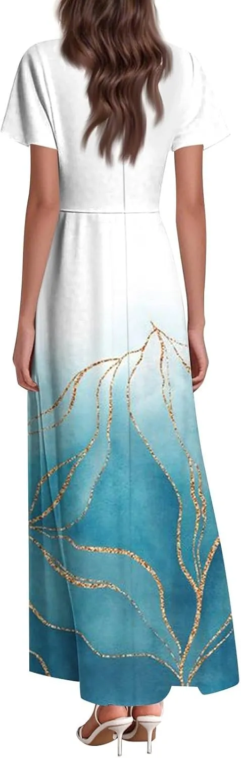 Womens Long Dresses Formal Flowy Short Sleeve High Waisted A Line Summer Dress for Women Beach Trendy V Neck