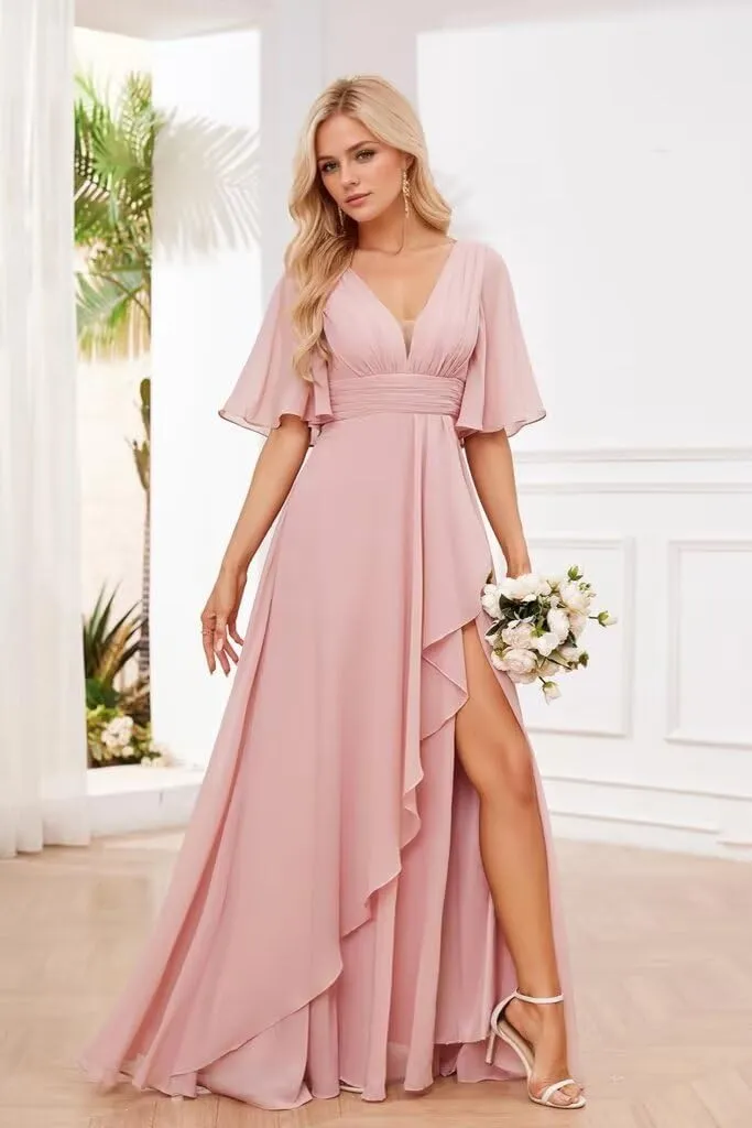 Women's Long Formal Bridesmaid Dress for Wedding Short Sleeve V Neck Evening Party Gowns with Slit