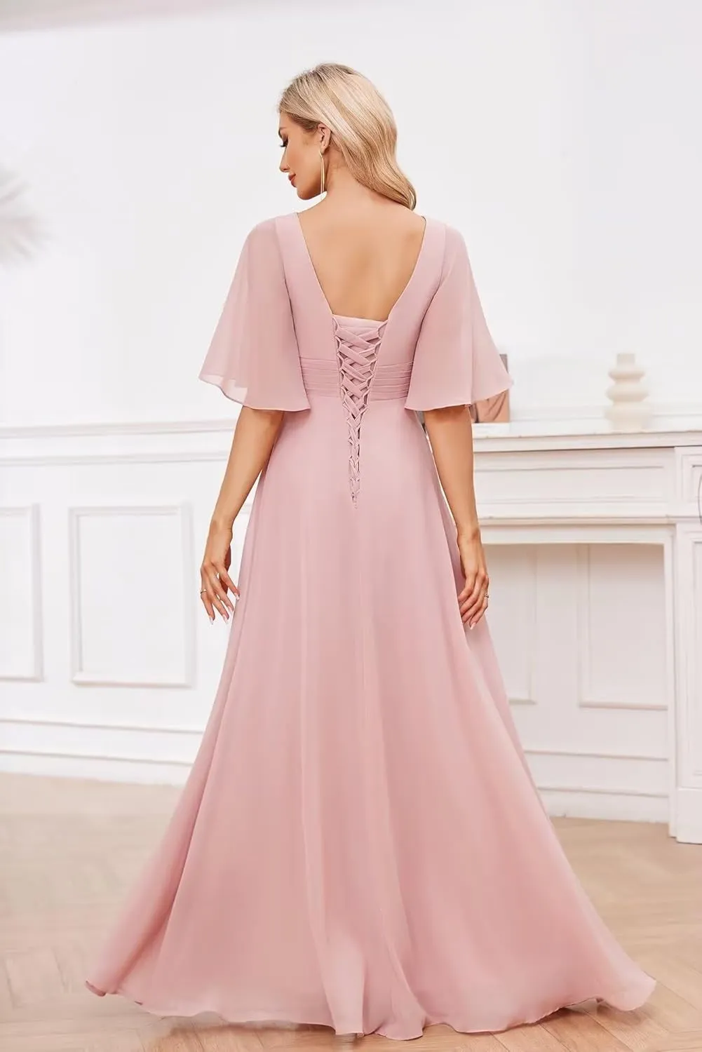 Women's Long Formal Bridesmaid Dress for Wedding Short Sleeve V Neck Evening Party Gowns with Slit