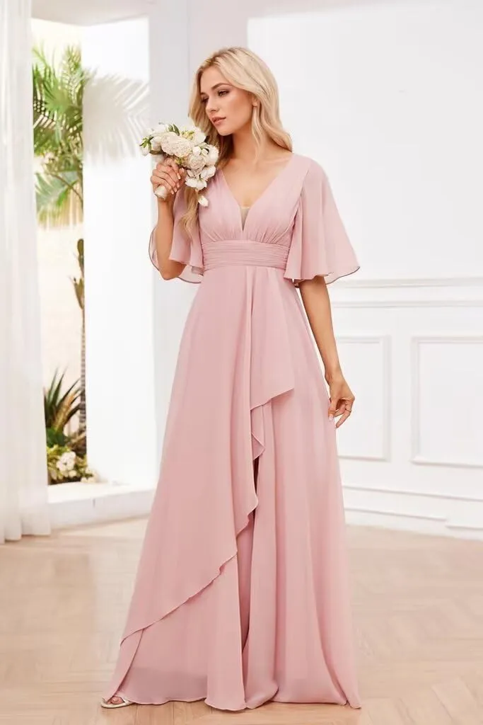 Women's Long Formal Bridesmaid Dress for Wedding Short Sleeve V Neck Evening Party Gowns with Slit