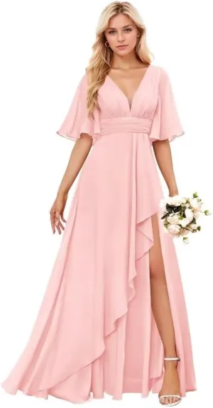 Women's Long Formal Bridesmaid Dress for Wedding Short Sleeve V Neck Evening Party Gowns with Slit
