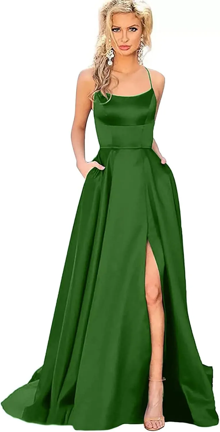Womens Long Prom Dresses for Teens with Pockets Spaghetti Straps Formal Party Evening Gowns 2025 Prom Dress